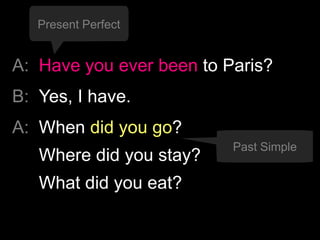 A: Have you ever been to Paris?
B: Yes, I have.
A: When did you go?
Where did you stay?
What did you eat?
Present Perfect
...