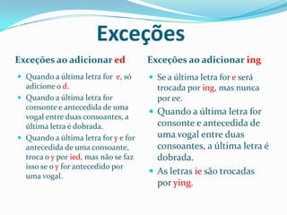 Exceções
Exceções ao adicionar ed              Exceções ao adici0nar ing
 Quando a última letra for e, só      Se a última letra for e será
  adicione o d.                         trocada por ing, mas nunca
 Quando a última letra for             por ee.
  consonte e antecedida de uma
                                       Quando a última letra for
  vogal entre duas consoantes, a
  última letra é dobrada.               consonte e antecedida de
 Quando a última letra for y e for     uma vogal entre duas
  antecedida de uma consoante,          consoantes, a última letra é
  troca o y por ied, mas não se faz     dobrada.
  isso se o y for antecedido por
  uma vogal.
                                       As letras ie são trocadas
                                        por ying.
 