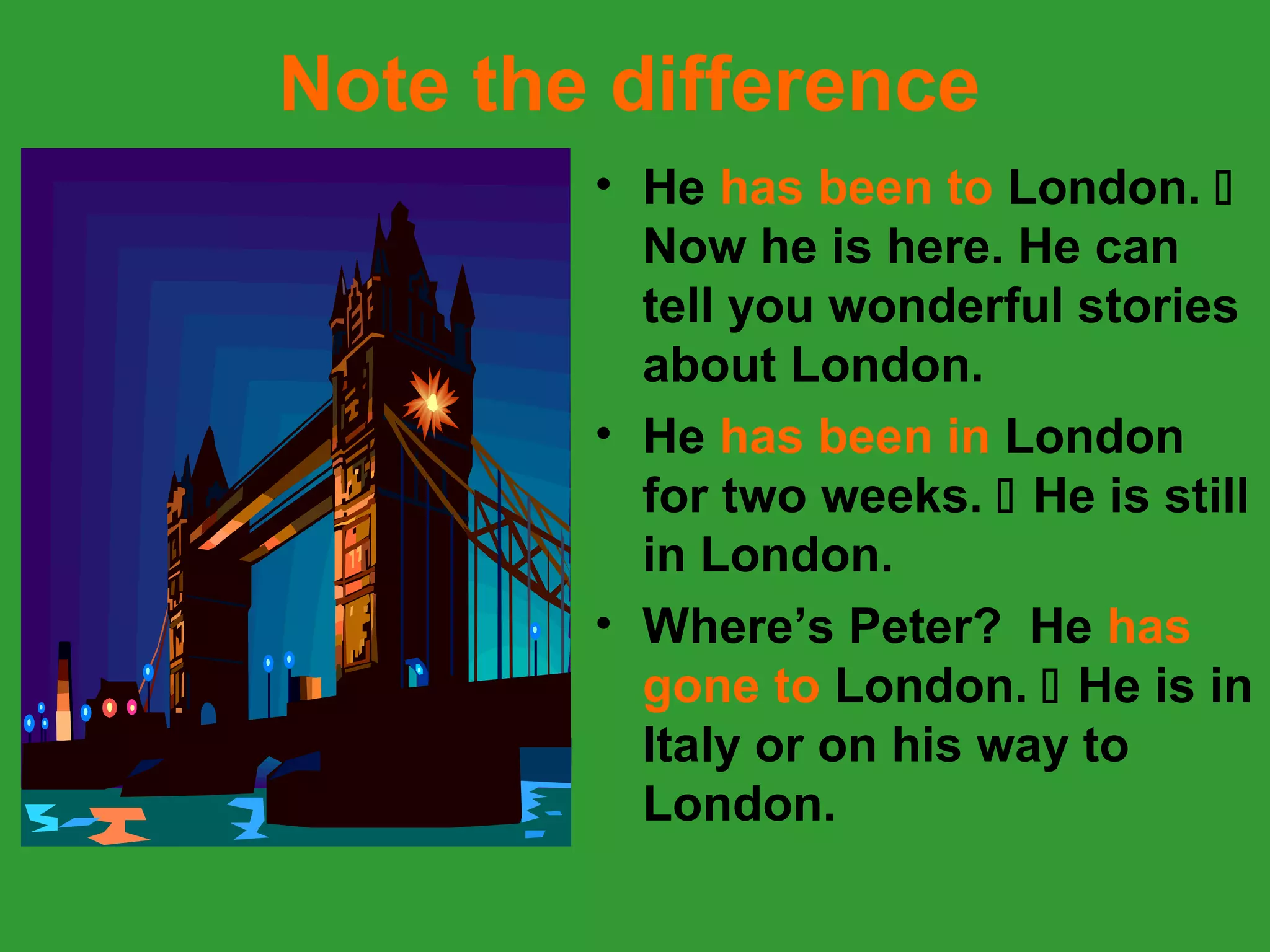 Note the difference
        • He has been to London. 
          Now he is here. He can
          tell you wonderful stories
          about London.
        • He has been in London
          for two weeks.  He is still
          in London.
        • Where’s Peter? He has
          gone to London.  He is in
          Italy or on his way to
          London.
 