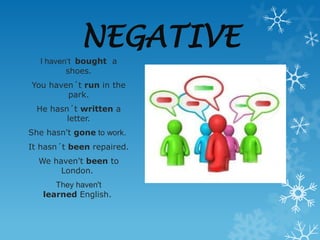NEGATIVE
  I haven‘t bought a
         shoes.
You haven´t run in the
        park.
 He hasn´t written a
        letter.
She hasn't gone to work.
It hasn´t been repaired.
  We haven't been to
       London.
      They haven't
   learned English.
 