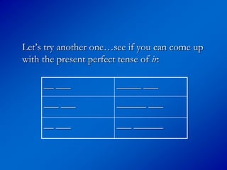 Let’s try another one…see if you can come up
with the present perfect tense of ir:

     __ ___           _____ ___
     ___ ___          ______ ___

     __ ___           ___ ______
 