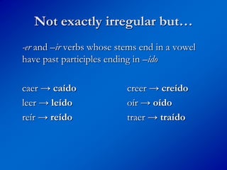 Not exactly irregular but…
-er and –ir verbs whose stems end in a vowel
have past participles ending in –ído

caer → caído              creer → creído
leer → leído              oír → oído
reír → reído              traer → traído
 