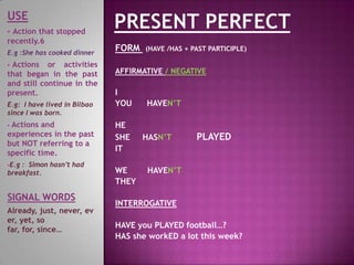 USE
Action that stopped
recently.6


E.g :She has cooked dinner

Actions or activities
that began in the past
and still continue in the
present.


E.g: I have lived in Bilbao
since I was born.

Actions and
experiences in the past
but NOT referring to a
specific time.


E.g

: Simon hasn’t had
breakfast.

SIGNAL WORDS
Already, just, never, ev
er, yet, so
far, for, since…

FORM

(HAVE /HAS + PAST PARTICIPLE)

AFFIRMATIVE / NEGATIVE

I
YOU
HE
SHE
IT
WE
THEY

HAVEN’T

HASN’T

PLAYED

HAVEN’T

INTERROGATIVE
HAVE you PLAYED football…?
HAS she workED a lot this week?

 