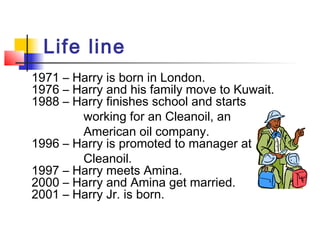 Life line
1971 – Harry is born in London.
1976 – Harry and his family move to Kuwait.
1988 – Harry finishes school and starts
working for an Cleanoil, an
American oil company.
1996 – Harry is promoted to manager at
Cleanoil.
1997 – Harry meets Amina.
2000 – Harry and Amina get married.
2001 – Harry Jr. is born.

 
