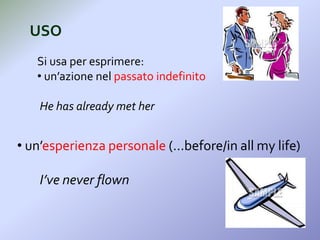 USO
Si usa per esprimere:
• un’azione nel passato indefinito
He has already met her
• un’esperienza personale (…before/in all my life)
I’ve never flown