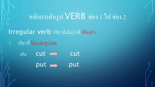 หลักการผันรูป VERB ช่อง 1 ไป ช่อง 2
Irregular verb กริยาผันไม่ปกติ (ต้องจา)
1. กริยาที่ ไม่แปลงรูปเลย
เช่น cut cut
put put
 