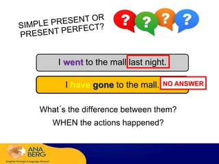 What´s the difference between them?
WHEN the actions happened?
I went to the mall last night.
I have gone to the mall. NO ANSWER
 