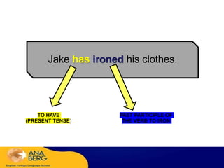 Jake has ironed his clothes.
TO HAVE
(PRESENT TENSE)
PAST PARTICIPLE OF
THE VERB TO IRON
 
