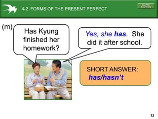 12
4-2 FORMS OF THE PRESENT PERFECT
(m)
SHORT ANSWER:
has/hasn’t
Yes, she has. She
did it after school.
Has Kyung
finished her
homework?
 