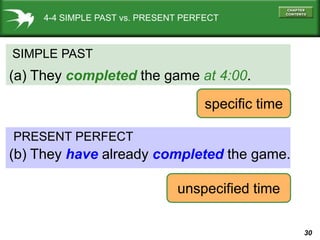 30
4-4 SIMPLE PAST vs. PRESENT PERFECT
SIMPLE PAST
(a) They completed the game at 4:00.
PRESENT PERFECT
(b) They have already completed the game.
specific time
unspecified time
 