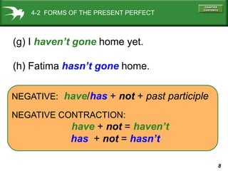 8
NEGATIVE: have/has + not + past participle
NEGATIVE CONTRACTION:
have + not = haven’t
has + not = hasn’t
4-2 FORMS OF THE PRESENT PERFECT
(g) I haven’t gone home yet.
(h) Fatima hasn’t gone home.
 