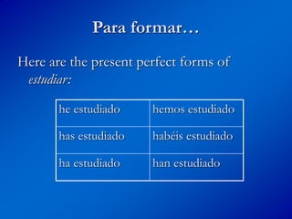 Para formar…
Here are the present perfect forms of
estudiar:
he estudiado hemos estudiado
has estudiado habéis estudiado
ha estudiado han estudiado
 