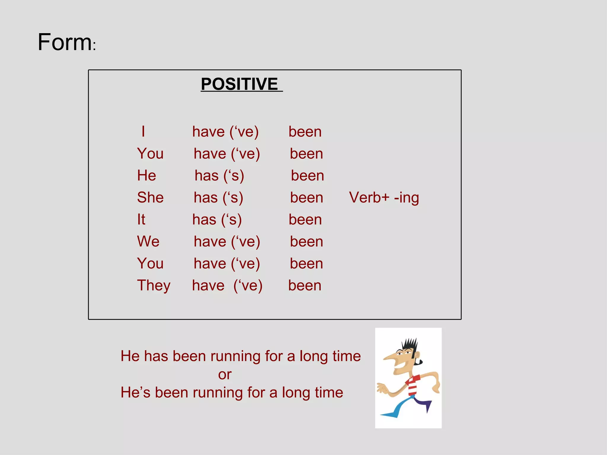 He has been running for a long time or He’s been running for a long time Form : POSITIVE  I  have (‘ve)  been You  have (‘ve)  been  He  has (‘s)  been  She  has (‘s)  been  Verb+ -ing It  has (‘s)  been  We  have (‘ve)  been  You  have (‘ve)  been They  have  (‘ve)  been 