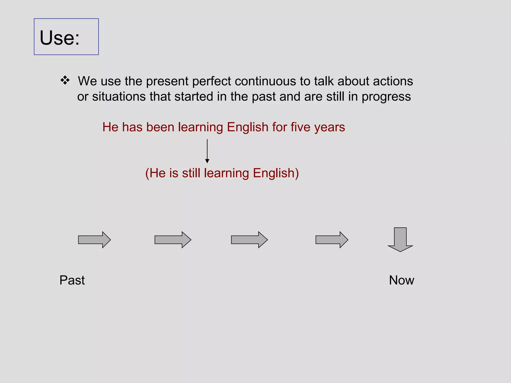 Use: We use the present perfect continuous to talk about actions or situations that started in the past and are still in progress He has been learning English for five years (He is still learning English) Past  Now 