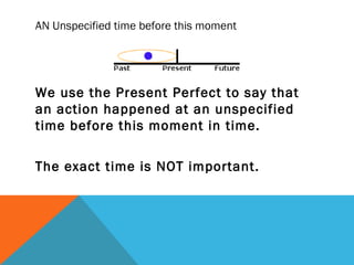 AN Unspecified time before this moment
We use the Present Perfect to say that
an action happened at an unspecified
time before this moment in time.
The exact time is NOT important.
 