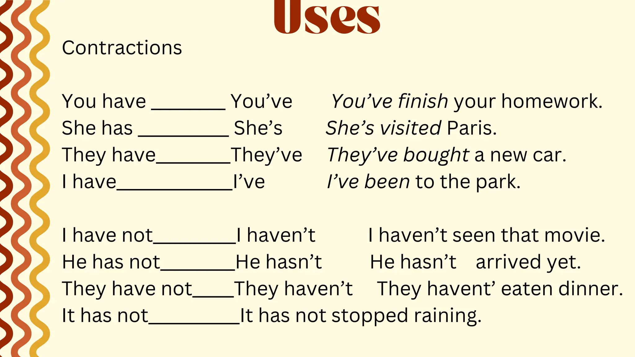 Contractions
You have _________ You’ve You’ve finish your homework.
She has ___________ She’s She’s visited Paris.
They have_________They’ve They’ve bought a new car.
I have______________I’ve I’ve been to the park.
I have not__________I haven’t I haven’t seen that movie.
He has not_________He hasn’t He hasn’t arrived yet.
They have not_____They haven’t They havent’ eaten dinner.
It has not___________It has not stopped raining.
Uses
 