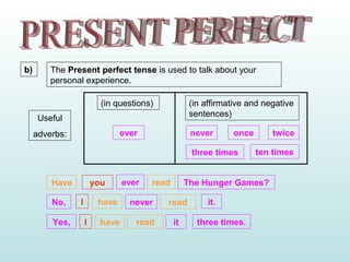 b) The Present perfect tense is used to talk about your
personal experience.
Useful
adverbs: ever
(in questions)
youHave ever read The Hunger Games?
I have never read it.
never once twice
three times ten times
(in affirmative and negative
sentences)
No,
Yes, I have read it three times.