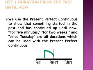 USE 1 Duration from the Past Until Now,[object Object],We use the Present Perfect Continuous to show that something started in the past and has continued up until now. "For five minutes," "for two weeks," and "since Tuesday" are all durations which can be used with the Present Perfect Continuous.,[object Object]