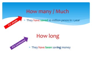 How long
How many / Much
They have saved 10 million pesos in 1 year
They have been saving money