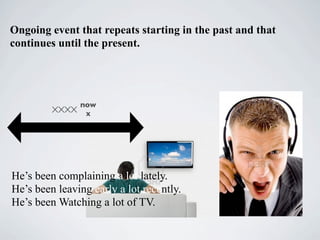 Ongoing event that repeats starting in the past and that
continues until the present.




                now
         xxxx    x




He’s been complaining a lot lately.
He’s been leaving early a lot recently.
He’s been Watching a lot of TV.
 