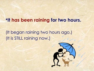 * It  has been raining  for two hours. (It began raining two hours ago.) (It is STILL raining now.) 
