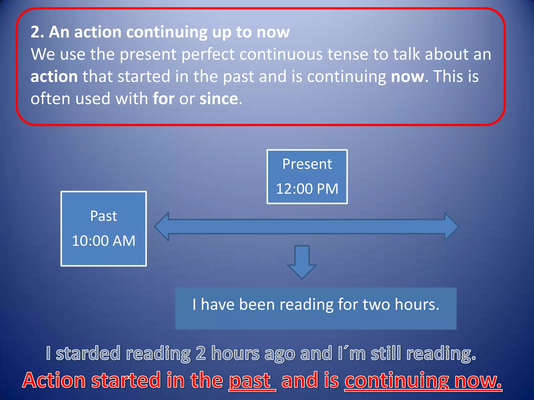 2. An action continuing up to nowWe use the present perfect continuous tense to talk about an action that started in the past and is continuing now. This is often used with for or since.     I stardedreading 2 hours ago and I´m still reading.            Actionstarted in thepastand is continuingnow.
