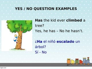 27
YES / NO QUESTION EXAMPLES
Has the kid ever climbed a
tree?
Yes, he has – No he hasn’t.
¿Ha el niñó escalado un
árbol?
...