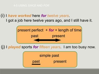 4-5 USING SINCE AND FOR
(i) I have worked here for twelve years.
I got a job here twelve years ago, and I still have it.
(j) I played sports for fifteen years. I am too busy now.
present perfect + for + length of time
past present
simple past
past present
 