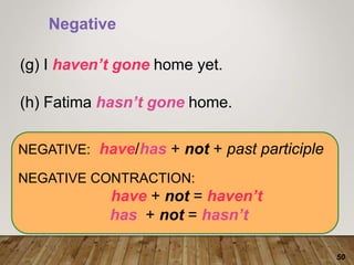 50
NEGATIVE: have/has + not + past participle
NEGATIVE CONTRACTION:
have + not = haven’t
has + not = hasn’t
Negative
(g) I haven’t gone home yet.
(h) Fatima hasn’t gone home.
 