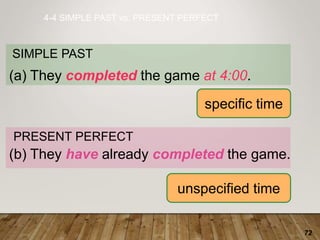 72
4-4 SIMPLE PAST vs. PRESENT PERFECT
SIMPLE PAST
(a) They completed the game at 4:00.
PRESENT PERFECT
(b) They have already completed the game.
specific time
unspecified time
 