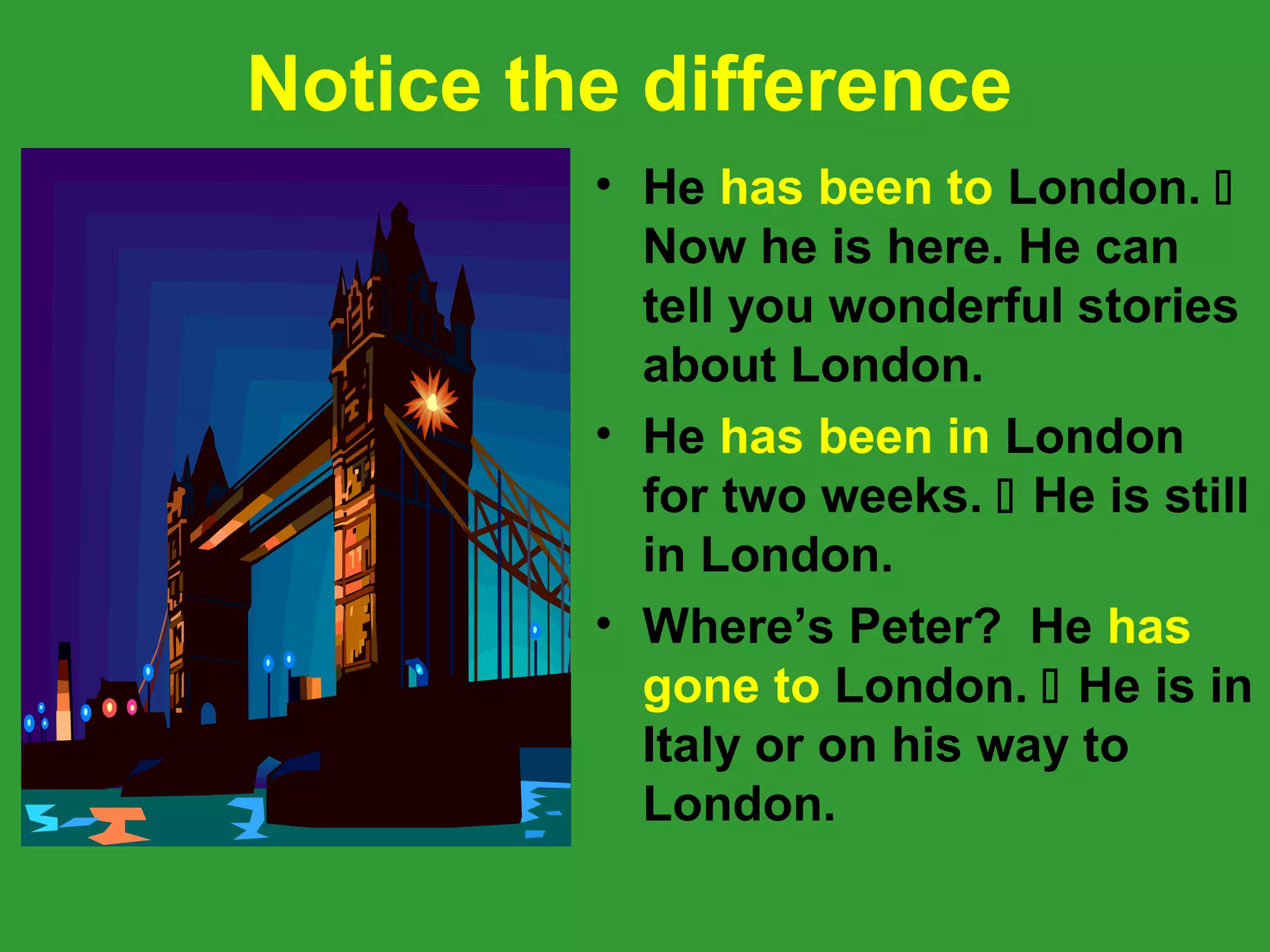 Notice the difference
         • He has been to London. 
           Now he is here. He can
           tell you wonderful stories
           about London.
         • He has been in London
           for two weeks.  He is still
           in London.
         • Where’s Peter? He has
           gone to London.  He is in
           Italy or on his way to
           London.
 