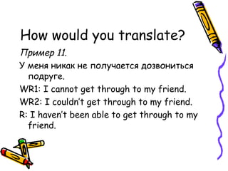 How would you translate? Пример 11. У меня никак не получается дозвониться подруге. WR1: I cannot get through to my friend. WR2: I couldn’t get through to my friend. R: I haven’t been able to get through to my friend. 