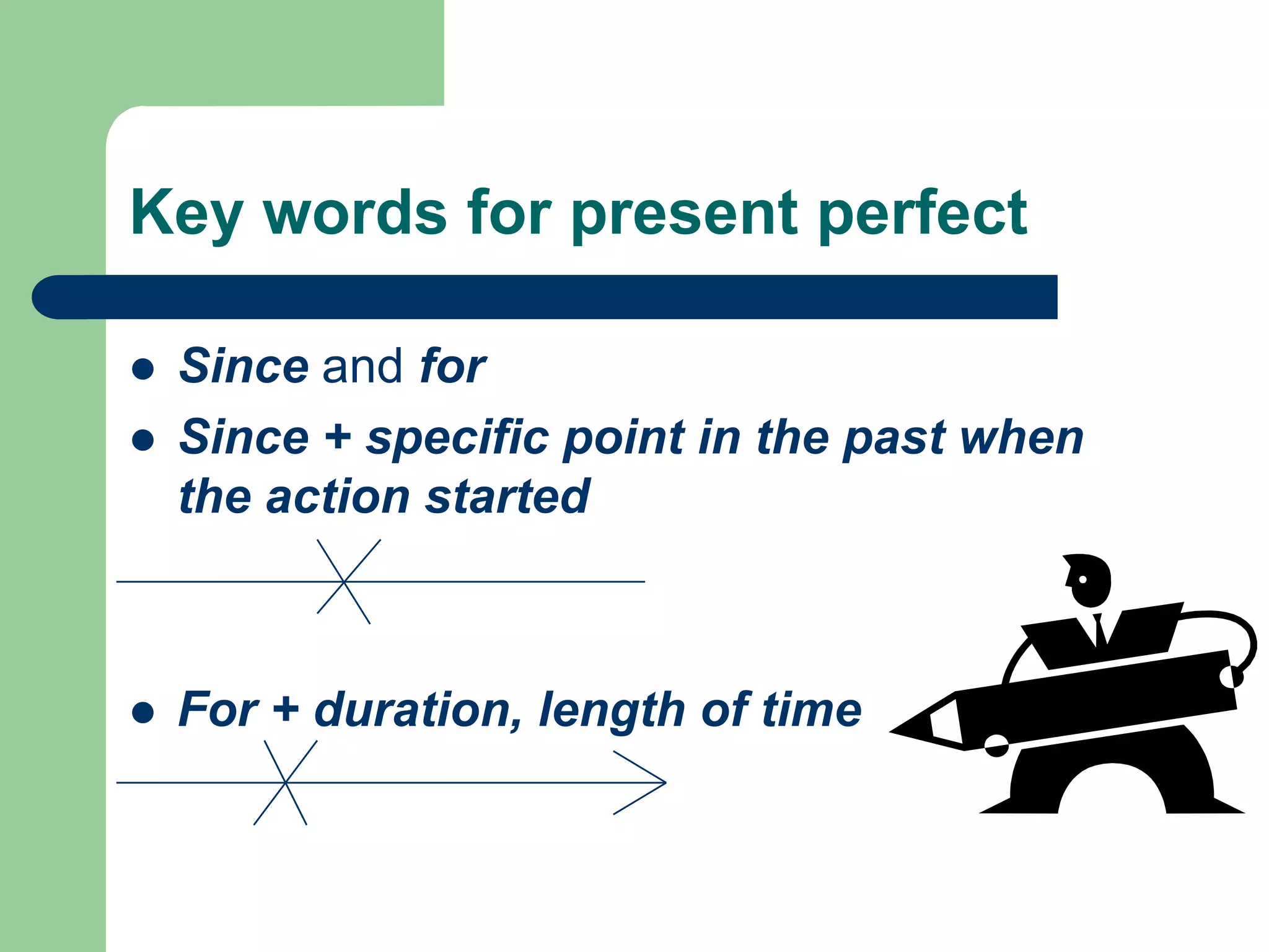 Key words for present perfectSince and forSince + specific point in the past when the action startedFor + duration, length of time