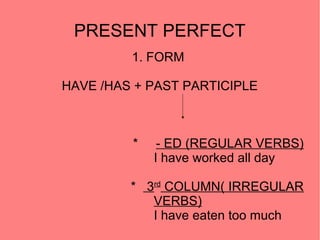 PRESENT PERFECT
1. FORM
HAVE /HAS + PAST PARTICIPLE
* - ED (REGULAR VERBS)
I have worked all day
* 3rd
COLUMN( IRREGULAR
VERBS)
I have eaten too much
 