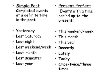 Simple Past   Completed events  at a definite time in the  past : Yesterday Last  Saturday Last  night Last  weekend/week Last  month Last  semester Last  year Present Perfect   Events with a time period  up to the present: This  weekend/week This  month This  year Recently Lately Today Once / twice / three times 