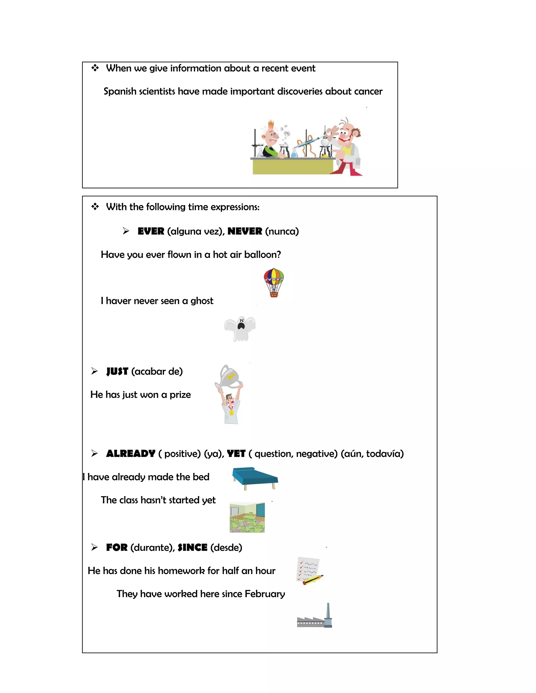  When we give information about a recent event

    Spanish scientists have made important discoveries about cancer




  With the following time expressions:

         EVER (alguna vez), NEVER (nunca)

   Have you ever flown in a hot air balloon?



   I haver never seen a ghost




  JUST (acabar de)

 He has just won a prize




  ALREADY ( positive) (ya), YET ( question, negative) (aún, todavía)

I have already made the bed

   The class hasn’t started yet



  FOR (durante), SINCE (desde)

 He has done his homework for half an hour

       They have worked here since February
 