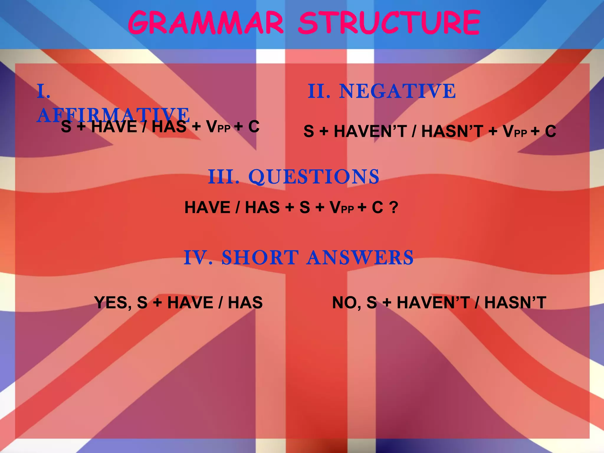 GRAMMAR STRUCTURE
I.
AFFIRMATIVE
S + HAVE / HAS + VPP + C
II. NEGATIVE
S + HAVEN’T / HASN’T + VPP + C
III. QUESTIONS
HAVE / HAS + S + VPP + C ?
IV. SHORT ANSWERS
YES, S + HAVE / HAS NO, S + HAVEN’T / HASN’T
 