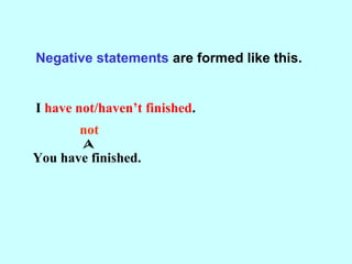 Negative statements are formed like this.
I have not/haven’t finished.
You have finished.
not

 