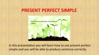 PRESENT PERFECT SIMPLE
In this presentation you will learn how to use present perfect
simple and you will be able to produce sentence correctly.
This plant has grown five centimeters in
a week.
 