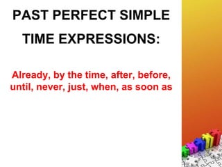 PAST PERFECT SIMPLE
TIME EXPRESSIONS:
Already, by the time, after, before,
until, never, just, when, as soon as
 
