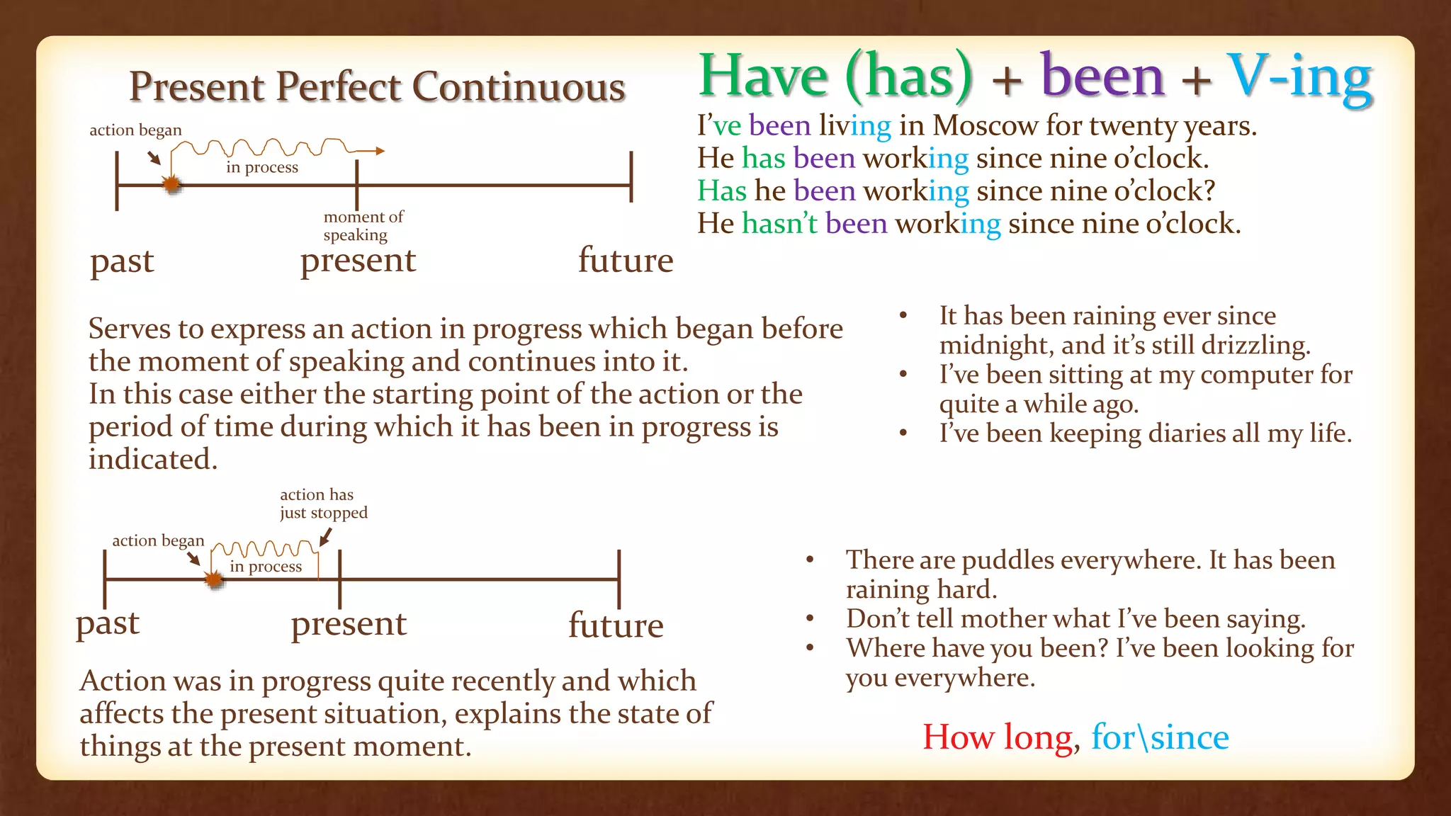 Present Perfect Continuous Have (has) + been + V-ing
I’ve been living in Moscow for twenty years.
He has been working since nine o’clock.
Has he been working since nine o’clock?
He hasn’t been working since nine o’clock.
past present future
moment of
speaking
Serves to express an action in progress which began before
the moment of speaking and continues into it.
In this case either the starting point of the action or the
period of time during which it has been in progress is
indicated.
• It has been raining ever since
midnight, and it’s still drizzling.
• I’ve been sitting at my computer for
quite a while ago.
• I’ve been keeping diaries all my life.
past present future
action began
action began
in process
in process
action has
just stopped
Action was in progress quite recently and which
affects the present situation, explains the state of
things at the present moment.
• There are puddles everywhere. It has been
raining hard.
• Don’t tell mother what I’ve been saying.
• Where have you been? I’ve been looking for
you everywhere.
How long, forsince
 