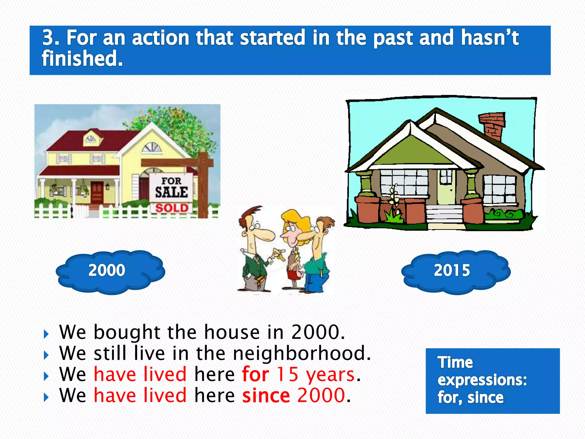  We bought the house in 2000.
We still live in the neighborhood.
We have lived here for 15 years.
We have lived here since 2000.