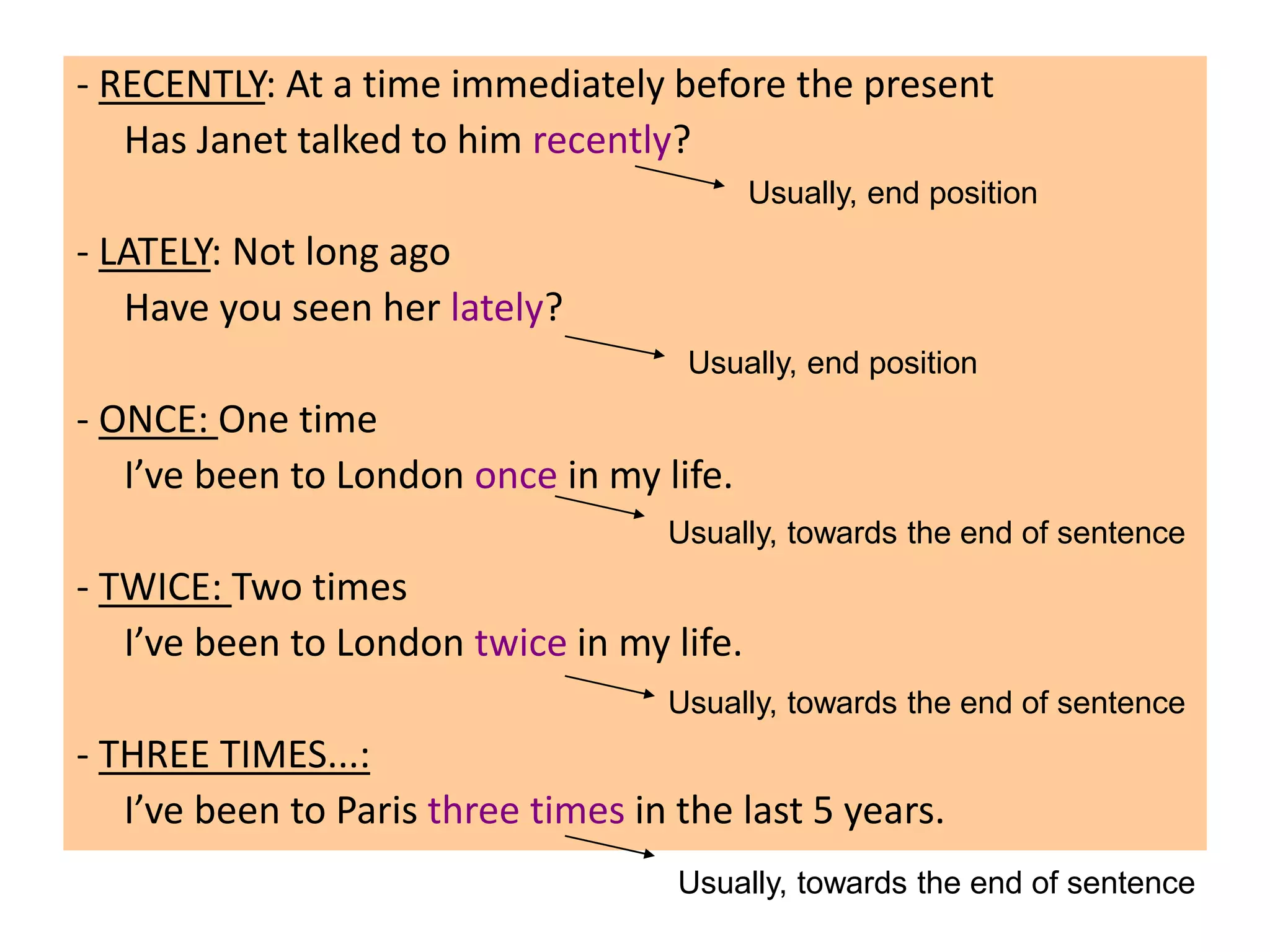- RECENTLY: At a time immediately before the present
Has Janet talked to him recently?
- LATELY: Not long ago
Have you seen her lately?
- ONCE: One time
I’ve been to London once in my life.
- TWICE: Two times
I’ve been to London twice in my life.
- THREE TIMES...:
I’ve been to Paris three times in the last 5 years.
Usually, end position
Usually, end position
Usually, towards the end of sentence
Usually, towards the end of sentence
Usually, towards the end of sentence
 