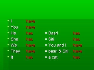    I      have
   You    have
   He     has    = Basri          has
   She    has    = Siti           has
   We     have   = You and I      have
   They   have   = basri & Siti   have
   It     has    = a cat          has
 