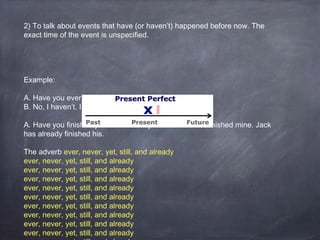 2) To talk about events that have (or haven’t) happened before now. The
exact time of the event is unspecified.

Example:
A. Have you ever seen snow?
B. No, I haven’t. I have never seen snow.
A. Have you finished your homework yet? I still haven’t finished mine. Jack
has already finished his.
The adverb ever, never, yet, still, and already
ever, never, yet, still, and already
ever, never, yet, still, and already
ever, never, yet, still, and already
ever, never, yet, still, and already
ever, never, yet, still, and already
ever, never, yet, still, and already
ever, never, yet, still, and already
ever, never, yet, still, and already
ever, never, yet, still, and already

 