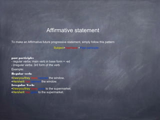 Affirmative statement
To make an Affirmative future progressive statement, simply follow this pattern:
Subject+has/have +Past participle
past participle:
- regular verbs: main verb in base form + -ed
- irregular verbs: 3rd form of the verb
Example:
Regular verb:
•I/we/you/they have opened the window.
•He/she/it has opened the window.
Irregular Verb:
•I/we/you/they have gone to the supermarket.
•He/she/it has gone to the supermarket.

 