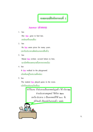 เฉลยแบบฝึกหัดกรอบที่ 2
Answer (คาตอบ)
1. has
She has gone to bed late.
(หล่อนเข้านอนดึก)
2. has
He has eaten pizza for many years.
(เขารับประทานพิซซ่ามาหลายปีแล้ว)
3. has
Manat has written several letters to him.
(มานัสเขียนจดหมายถึงเขาหลายฉบับ)
4. has
It has walked in the playground.
(มันเดินอยู่ในสนามเด็กเล่น)
5. has
The student has played game in the room.
(นักเรียนเล่นเกมในห้อง)
จาไว้นะคะ ถ้าประธานเป็นเอกพจน์บุรุษที่ 3 ใช้ กริยา has
ส่วนประธานพหูพจน์ ใช้กริยา have
ยกเว้น ประธาน I เป็นเอกพจน์ก็ใช้ have จ้ะ
เข้าใจแล้ว ศึกษาต่อในกรอบที่ 3 เลยค่ะ
9.
 