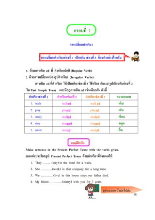กรอบที่ 7
การเปลี่ยนคากริยา
การเปลี่ยนคากริยาช่องที่ 1 เป็นกริยาช่องที่ 3 ต้องทาอย่างไรครับ
1. ด้วยการเติม ed ที่ คากริยาปกติ (Regular Verb)
2. ด้วยการเปลี่ยนแปลงรูปคากริยา (Irregular Verbs)
การเติม ed ที่คากริยา ให้เป็นกริยาช่องที่ 3 ใช้กริยา เติม ed รูปเดียวกับช่องที่ 2
ใน Past Simple Tense และมีกฎการเติม ed เช่นเดียวกัน ดังนี้
คากริยาช่องที่ 1 คากริยาช่องที่ 2 คากริยาช่องที่ 3 ความหมาย
1. walk walked walk ed เดิน
2. play played played เล่น
3. study studied studied เรียน
4. stop stopped stopped หยุด
5. smile smiled smiled ยิ้ม
แบบฝึกหัด
Make sentence in the Present Perfect Tense with the verbs given.
(จงแต่งประโยครูป Present Perfect Tense ด้วยคากริยาที่กาหนดให้
1. They …….. (stay) in the hotel for a week.
2. She ………..(work) in that company for a long time.
3. We …………(live) in this house since our father died.
4. My friend…………..(marry) with you for 7 years.
18
ดูคาเฉลยหน้าต่อไปค่ะ
 
