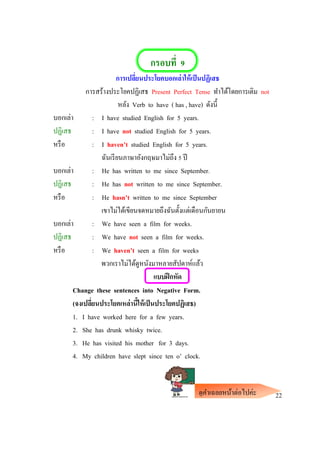 กรอบที่ 9
การเปลี่ยนประโยคบอกเล่าให้เป็นปฏิเสธ
การสร้างประโยคปฏิเสธ Present Perfect Tense ทาได้โดยการเติม not
หลัง Verb to have ( has , have) ดังนี้
บอกเล่า : I have studied English for 5 years.
ปฏิเสธ : I have not studied English for 5 years.
หรือ : I haven’t studied English for 5 years.
ฉันเรียนภาษาอังกฤษมาไม่ถึง 5 ปี
บอกเล่า : He has written to me since September.
ปฏิเสธ : He has not written to me since September.
หรือ : He hasn’t written to me since September
เขาไม่ได้เขียนจดหมายถึงฉันตั้งแต่เดือนกันยายน
บอกเล่า : We have seen a film for weeks.
ปฏิเสธ : We have not seen a film for weeks.
หรือ : We haven’t seen a film for weeks
พวกเราไม่ได้ดูหนังมาหลายสัปดาห์แล้ว
แบบฝึกหัด
Change these sentences into Negative Form.
(จงเปลี่ยนประโยคเหล่านี้ให้เป็นประโยคปฏิเสธ)
1. I have worked here for a few years.
2. She has drunk whisky twice.
3. He has visited his mother for 3 days.
4. My children have slept since ten o’ clock.
22ดูคาเฉลยหน้าต่อไปค่ะ
 