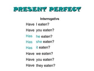 PRESENT PERFECT
          Interrogative
  Have I eaten?
  Have you eaten?
  Has   he eaten?
  Has   she eaten?
  Has   it eaten?
  Have we eaten?
  Have you eaten?
  Have they eaten?
 